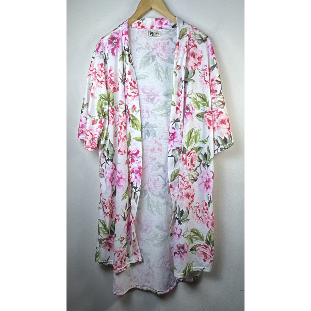 Show me your Mumu floral print robe white pink roses open one size kimono jacket - Picture 2 of 8